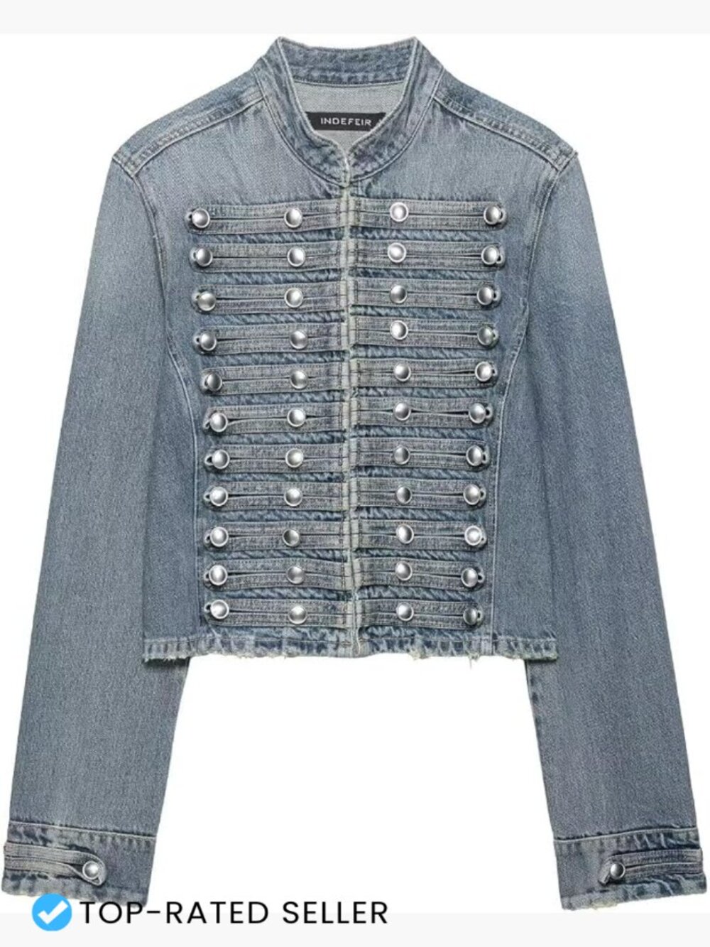 Cropped Denim Jacket Fitted Military Style Band Collar Metal Hook Women's